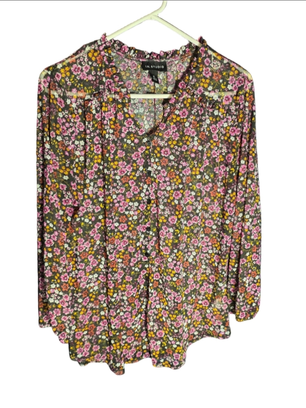 Women's I.N. Studio Floral Blouse XL Black Pink cottagecore garden versatile